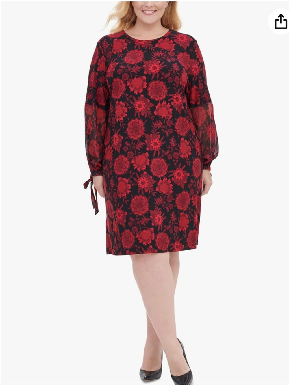 Tommy Hilfiger Red and Black Floral Long-Sleeve Shift Dress Size 18